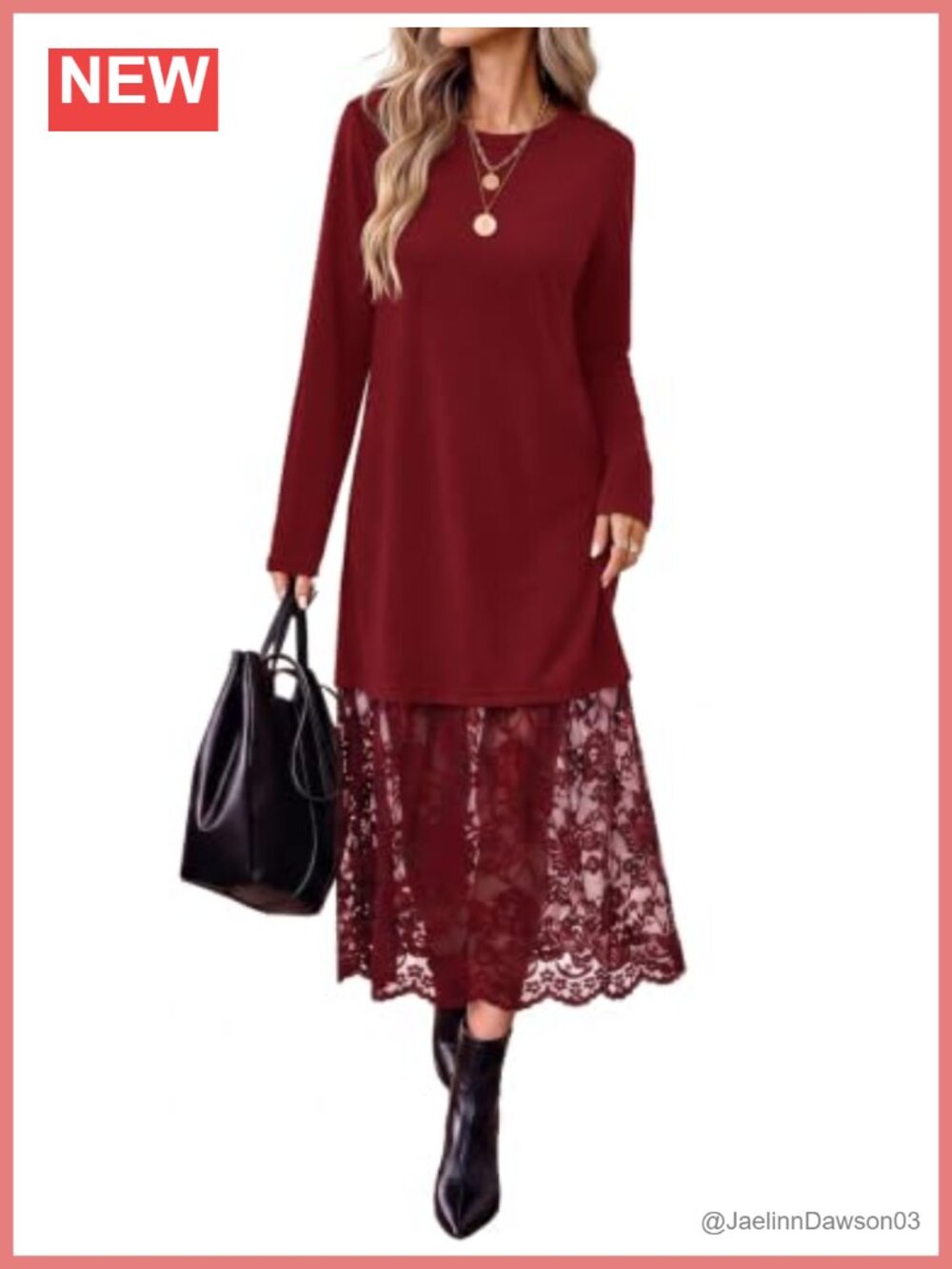 Long Sleeve Midi Dress Lace Patchwork Fall Wedding Guest Dress Pockets